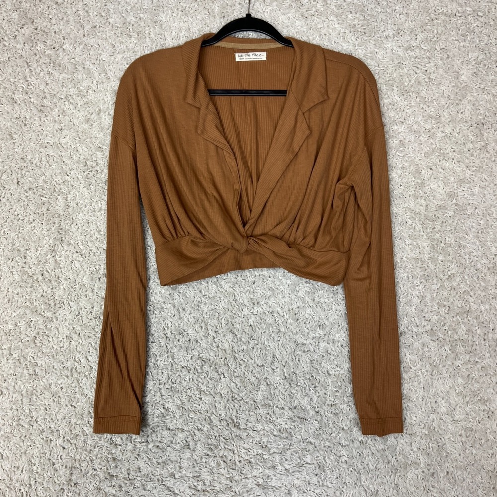 We The Free People Shirt Women Medium Deep V Neck‎ Long Sleeve Crop Top Twist